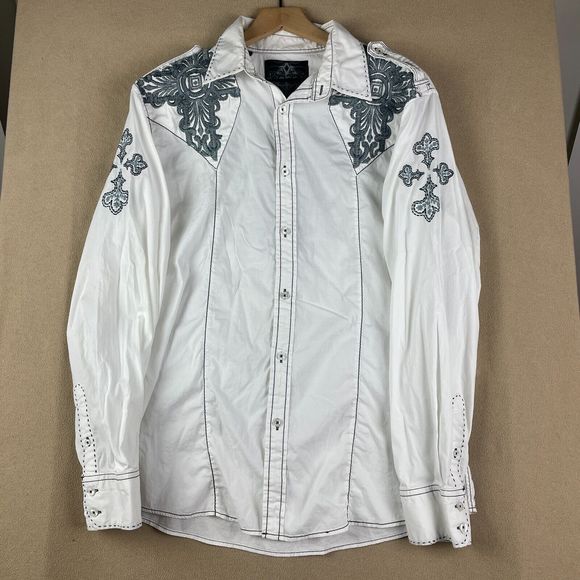 Roar Shirt Mens Extra Large White Embroidered Buckle Wings Crosses Long Sleeve - Picture 1 of 16